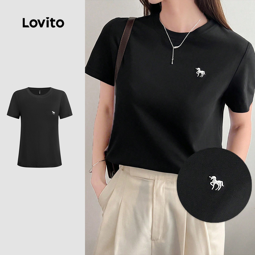 Lovito Camiseta Casual Primavera/verão Preta para Mulheres L157ED053 em Oferta na Shopee