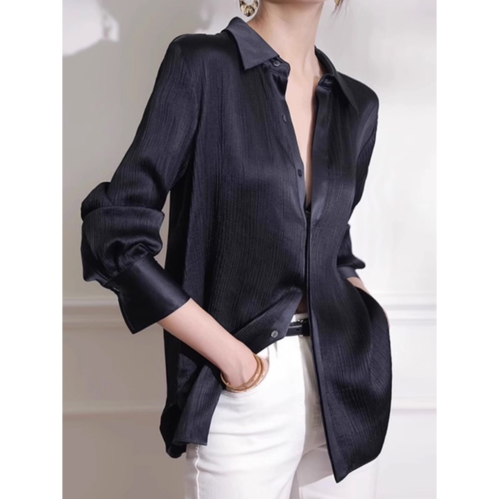 Camisa de cetim de acetato feminina primavera verão luz luxo High-End temperamento de local de trabalho camisa preta fra