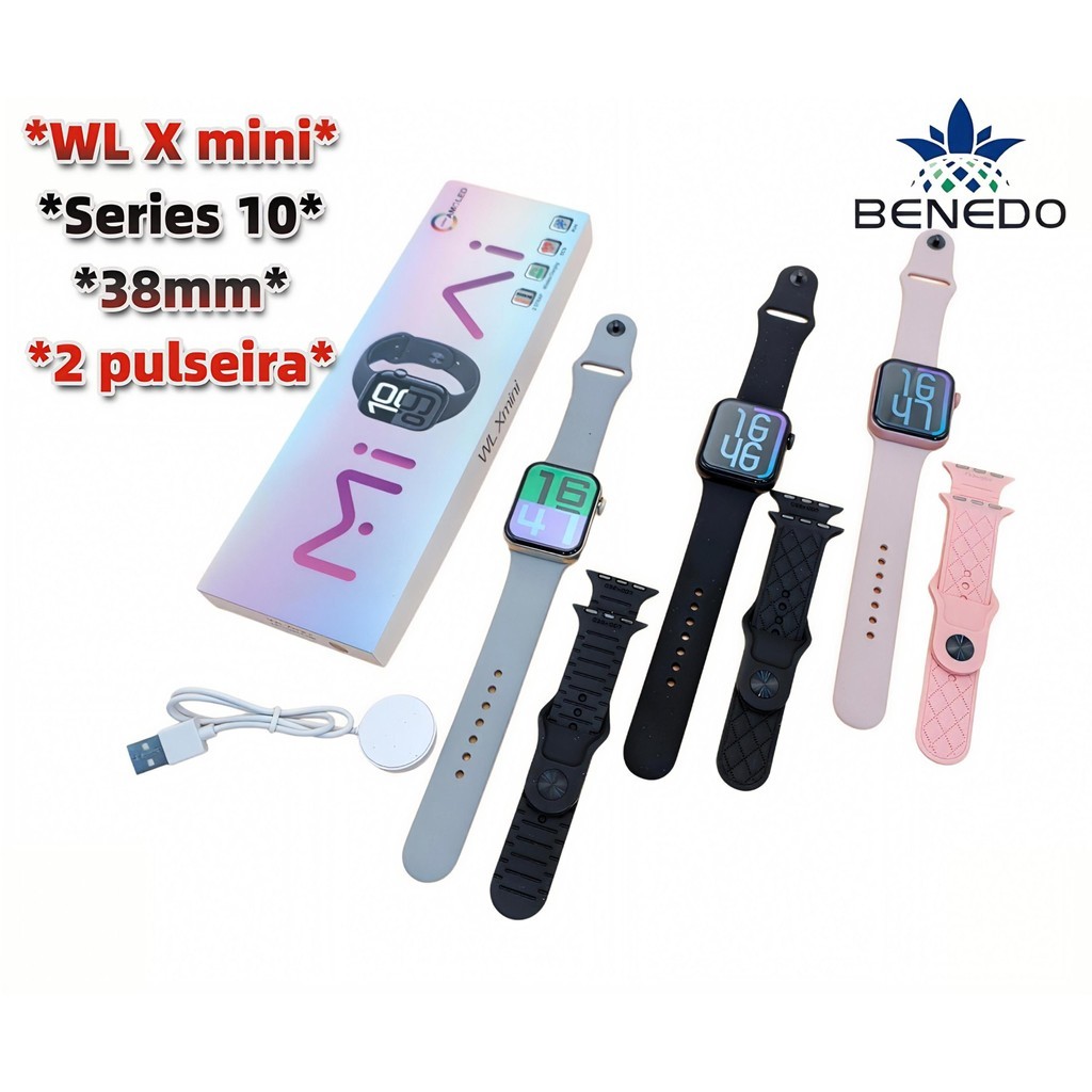 smartwatch relógio digital feminino WL X-mini(38mm) 2 Pulseiras inteligente  series 10 2025 GPS NFC