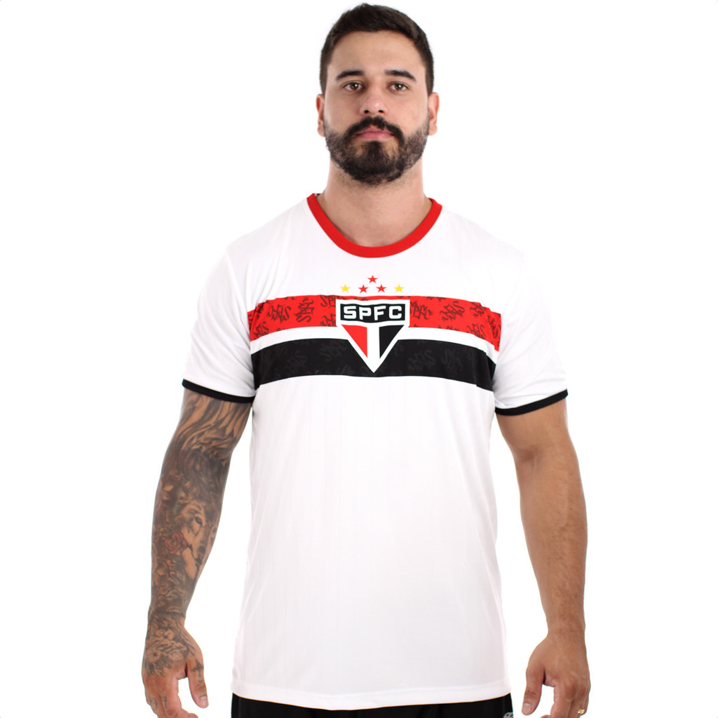 Camisa Braziline São Paulo Stencil Branca e Vermelha - Masculina