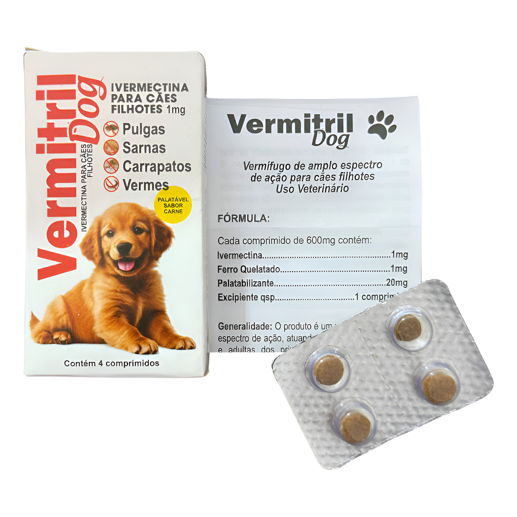 Vermitril Filhotes 3kg | Anti Pulgas, Carrapatos e Vermes | Comprimidos Mastigaveis Pega Fácil