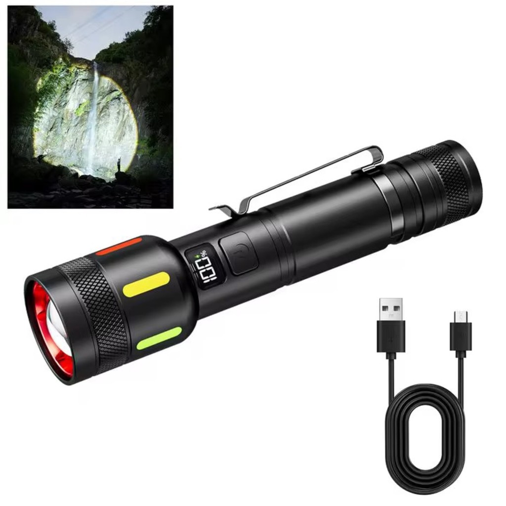 Lanterna de Alta Potência Zoom Livre Laser Branco Fluorescência Display Digital USB Camping Pesca Viagens Longas