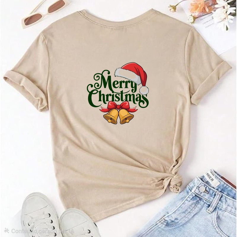 Camiseta Unissex Natalina Merry Christmas com Sino e Gorro Disponivel em varias cores