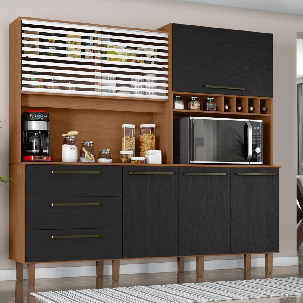 Armário de Cozinha 6 Portas 3 Gavetas Mega Cinamomo/Preto em Oferta na Shopee