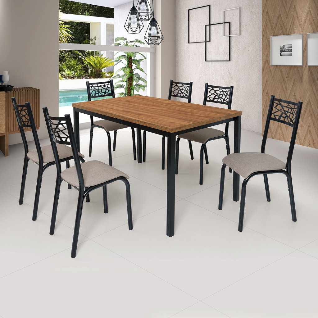 Conjunto Jade Flex 1,36m Tampo Laminado com 6 Cadeiras Preto/Bege/Amendoa em Oferta na Shopee