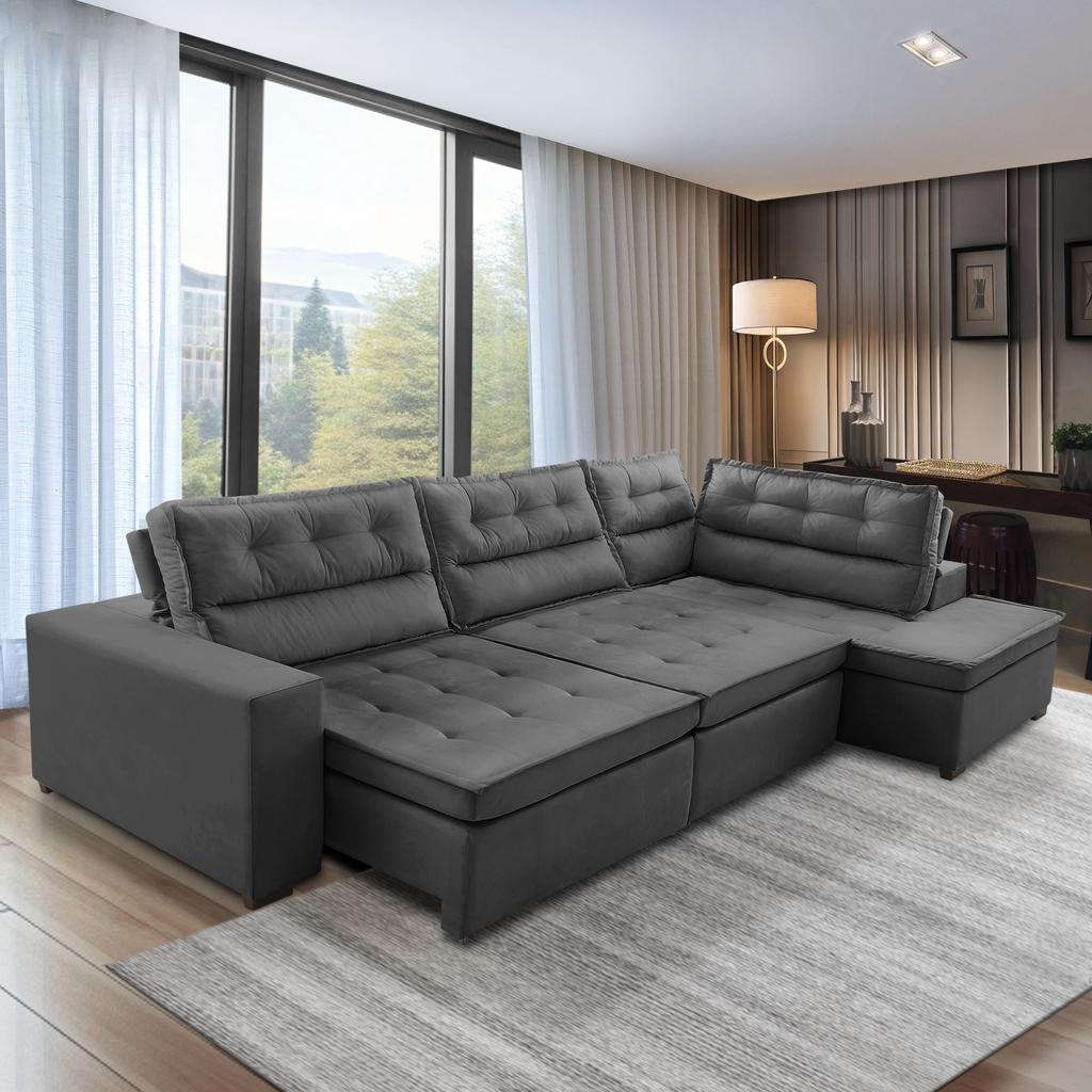 Sofá de Canto Retrátil e Reclinável com Molas 3,00x2,00 Virginia Suede Cinza Adonai Estofados em Oferta na Shopee