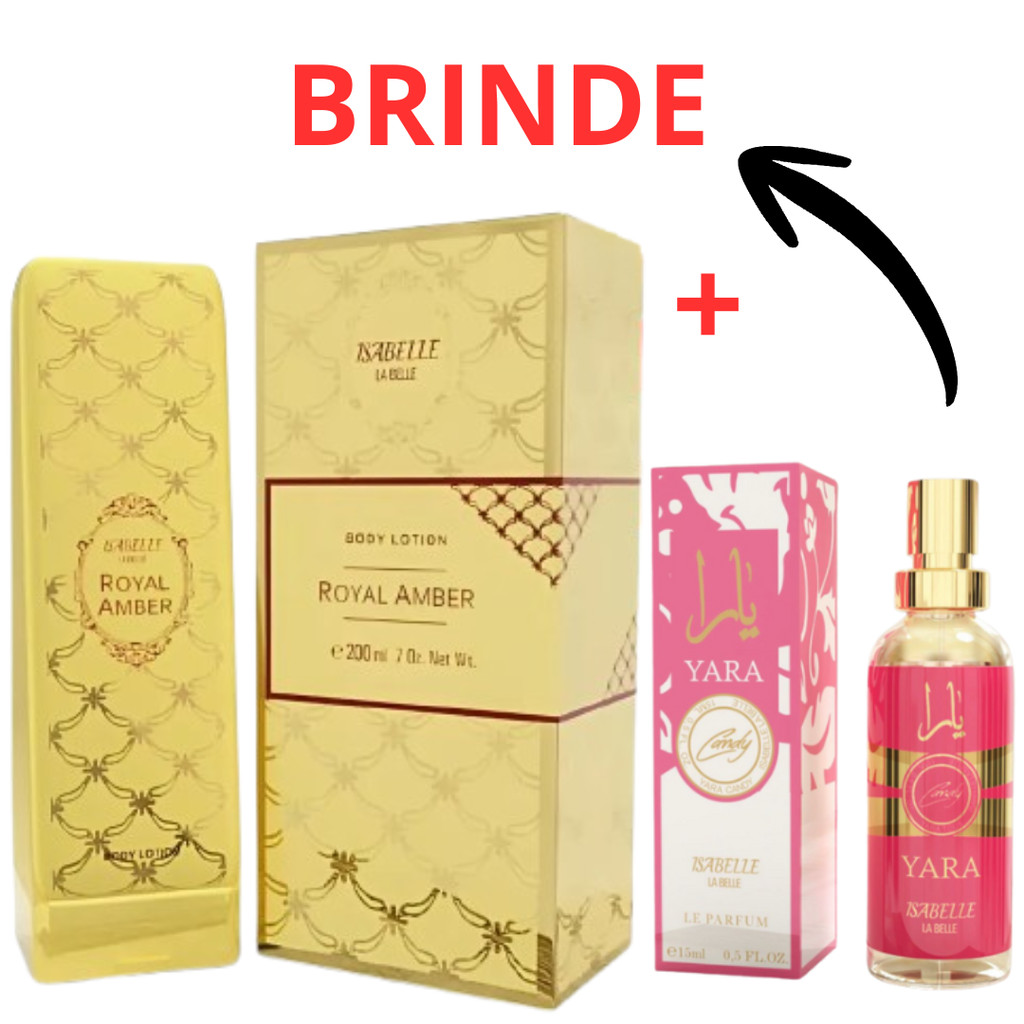 Kit Creme Royal Amber Bisnaga e + Perfume Arabe Yara Candy 15ml Hidratante Corporal 200ml