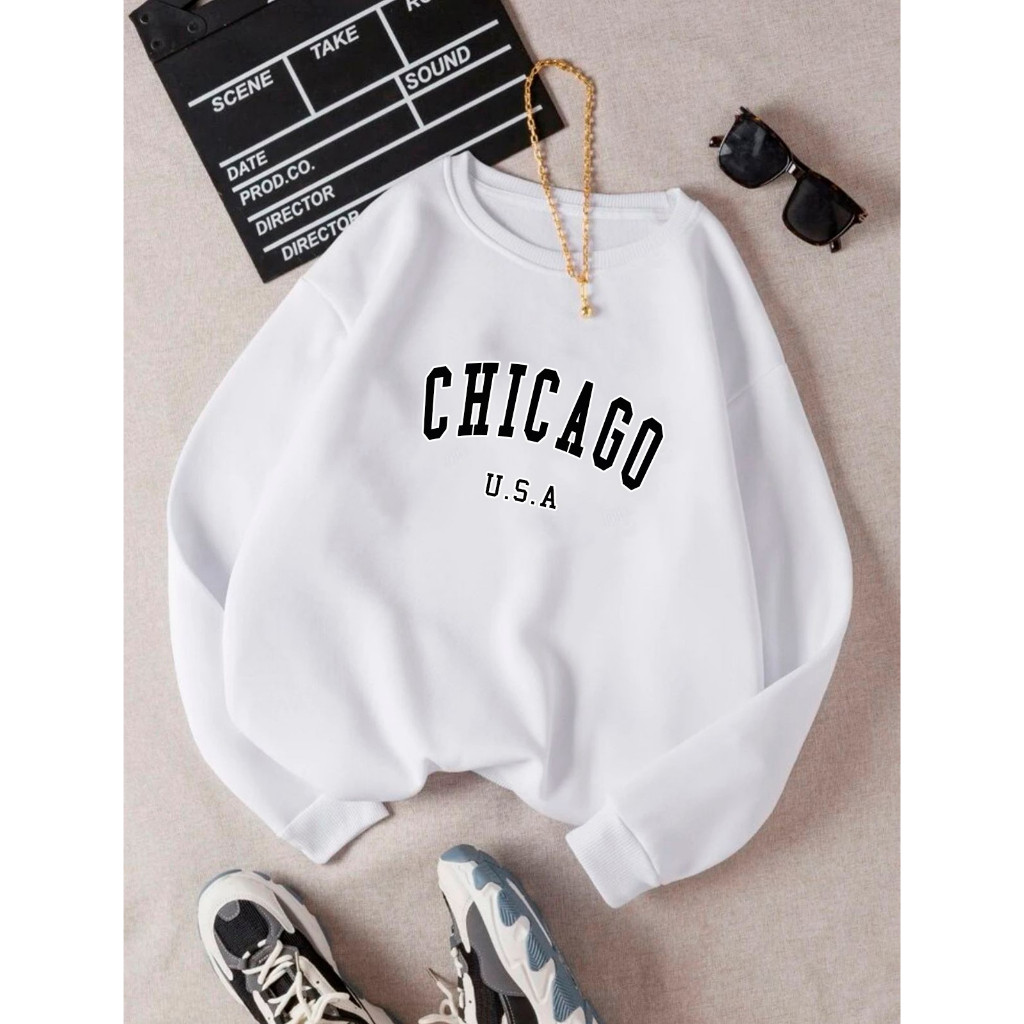 Moletom Careca Chicago U.S.A Gola Redonda Unissex Blusa De Frio Feminino Masculino Flanelado Algodão