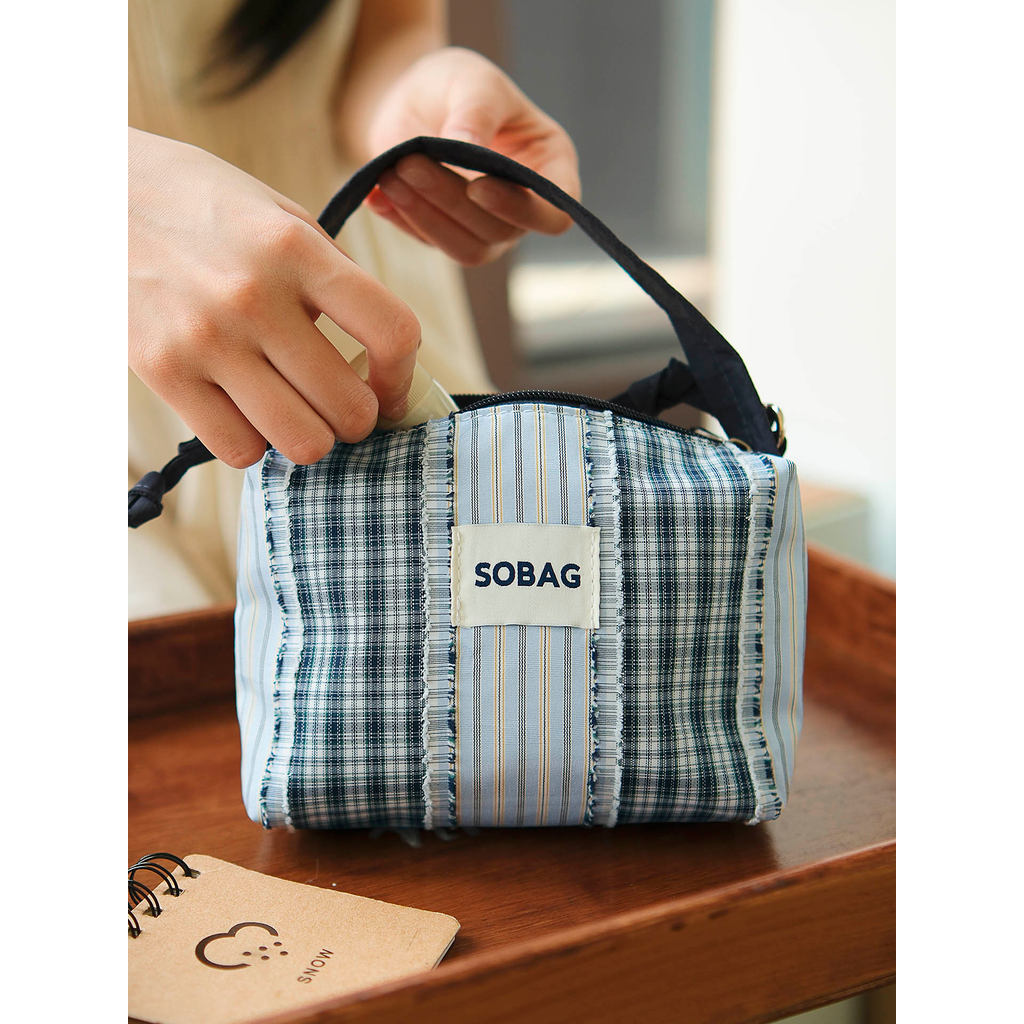 Sobag verão azul xadrez listrado lona ombro mensageiro saco feminino japonês ins Casual bonito saco de mão