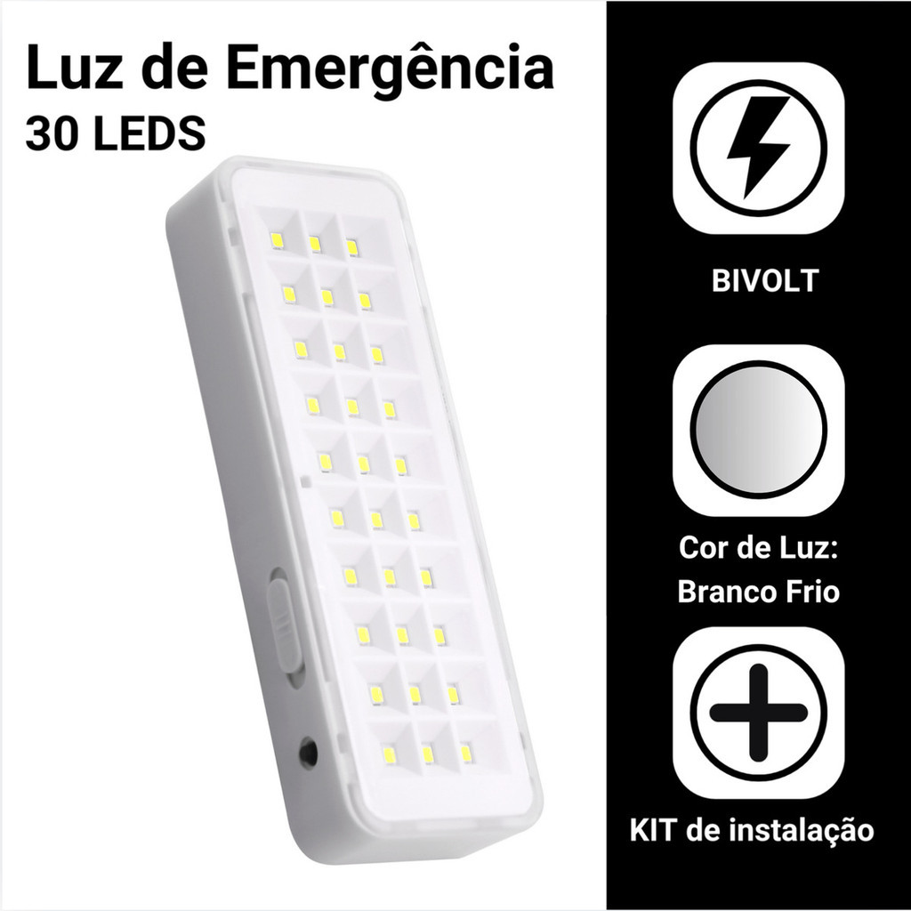 Kit 2 Luminária De Emergência Lâmpada LED 30LEDS Branco Frio 6500K Bivolt com Bateria Recarregável em Oferta na Shopee