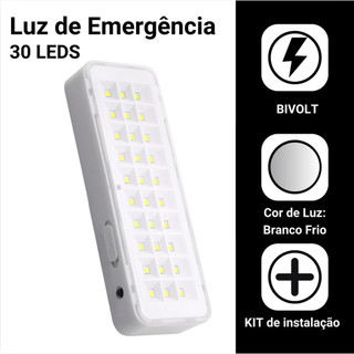 Kit 2 Luminárias De Emergência Lâmpada LED 30LEDS Branco Frio 6500K Bivolt com Bateria Recarregável