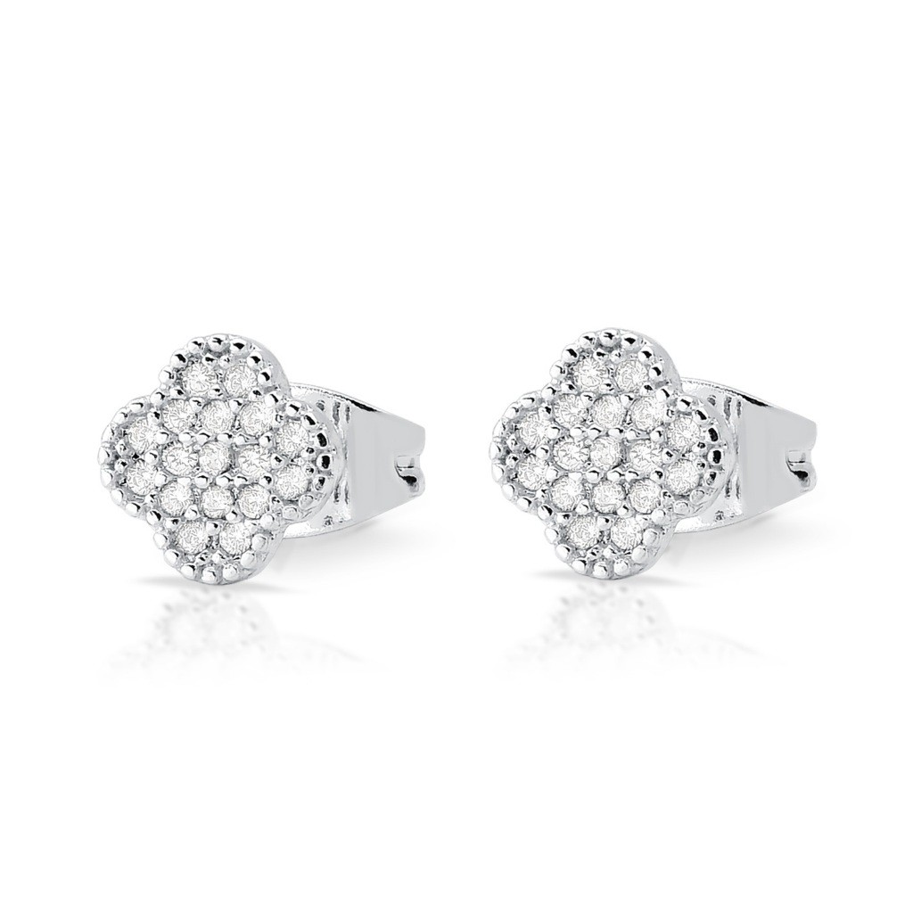 Brinco Feminino de Trevo Prata Cravejado com Zirconias Banhado a Ouro Branco Blogueira Virginia