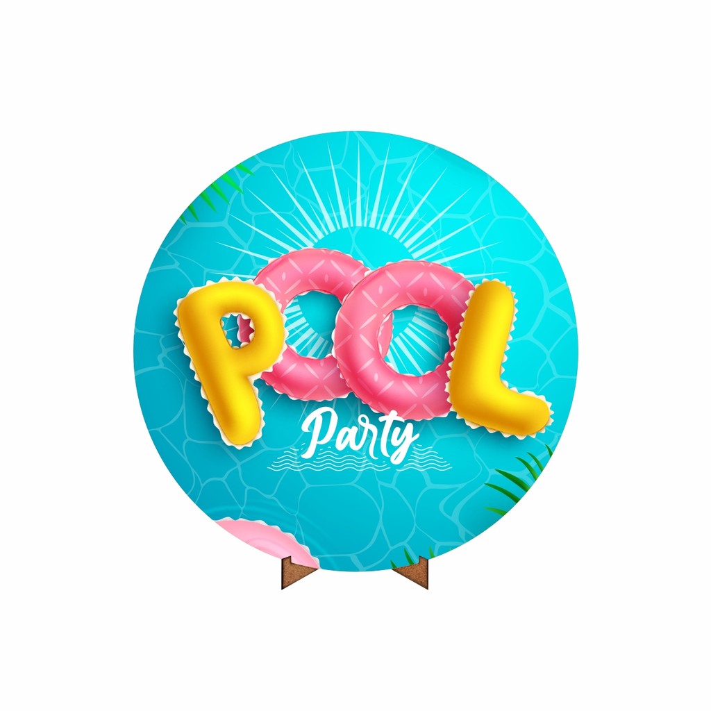 Painel Redondo De Festa 3D Pool Party 50cm x 50cm Tecido Decorativo Com Suporte Em MDF