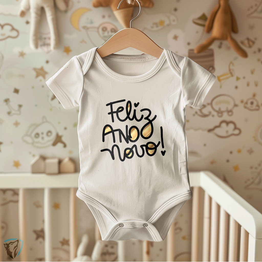 Body Infantil Feliz Ano Novo | Estampa Dourada e Alegre para o Réveillon do Bebê