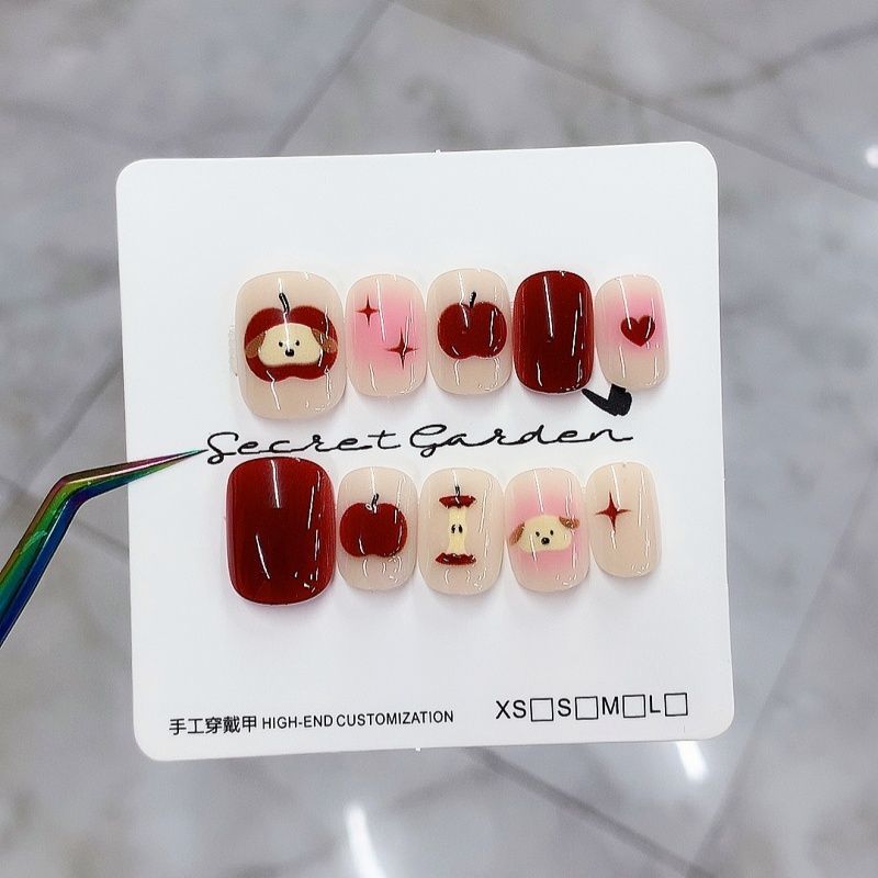 Red Little Apple Novas Unhas Postiças Semi-Artesanais Curtas com Design de Cachorrinho Fofo, Removíveis, para Estudantes
