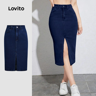 Lovito Saias Jeans Elegantes com Fenda Frontal para Primavera/verão Jeans azuis L158ED1323 em Oferta na Shopee
