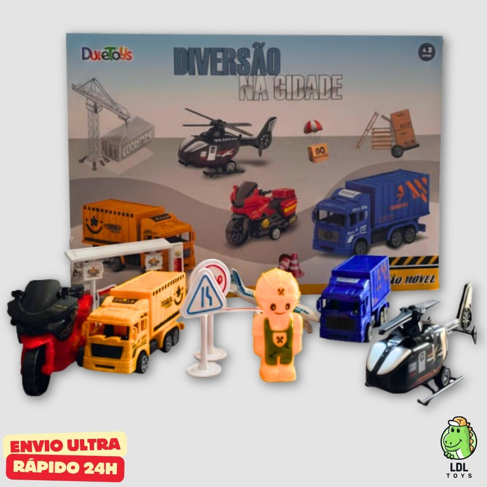 Kit Carrinhos Caminhão Moto Helicóptero Mini Cidade 9 Peças Brinquedo Infantil Criança Menino