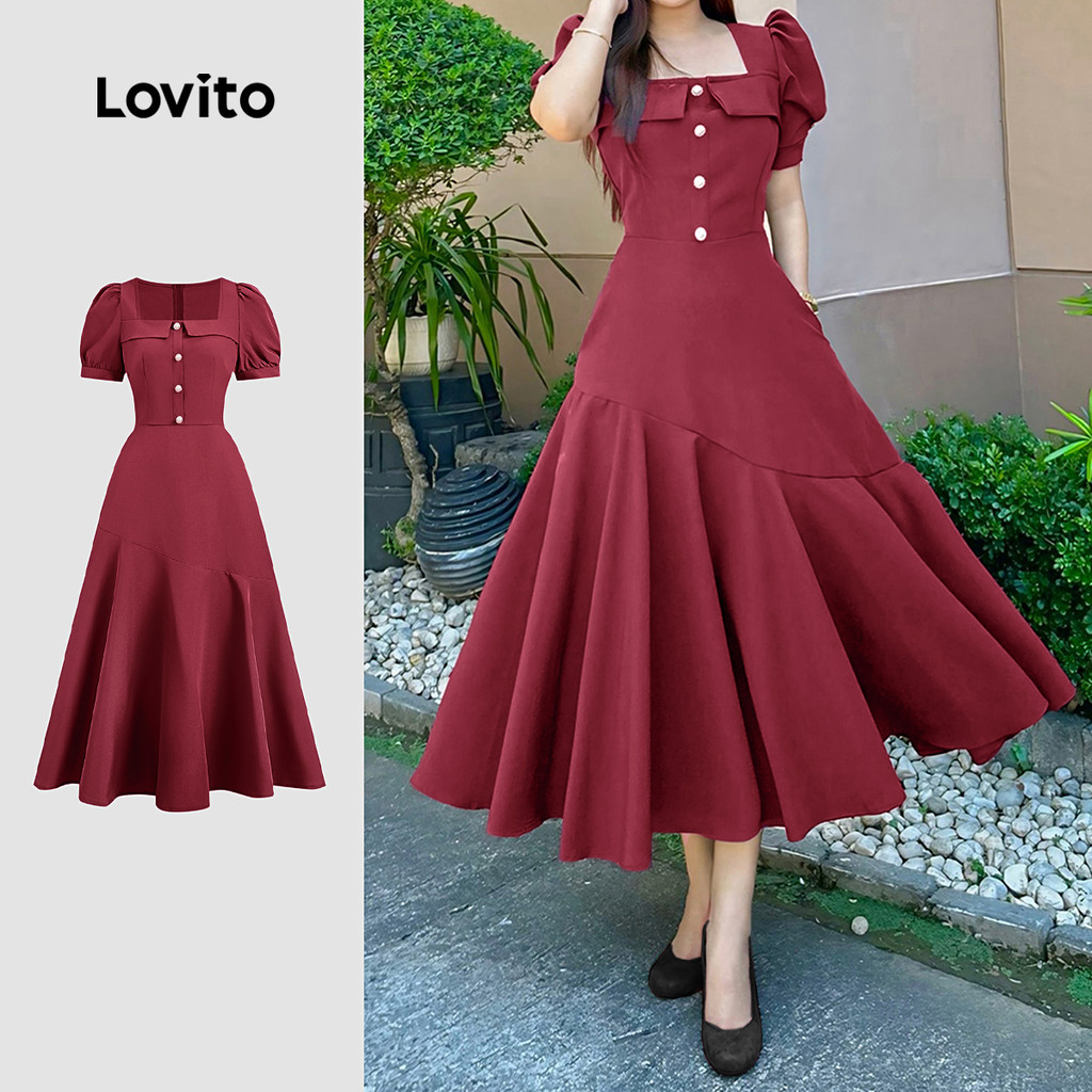 Lovito Vestido Elegante Chinês Cheongsam Qipao Babados Barra Primavera/verão Cores Roxo Vermelho Para Mulheres L157ED083 em Oferta na Shopee