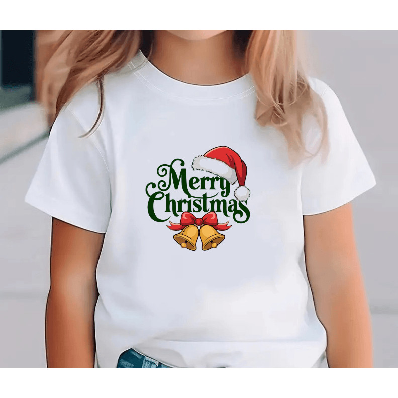 Camiseta Infantil Natalina Merry Christmas Com Sino E Gorro De Papai Noel Na Cor Branca