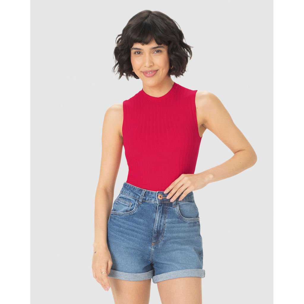 Regata Básica Feminina Justa Gola Alta Em Malha Viscose Canelada