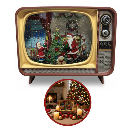 Enfeite Luminária Televisão Rádio Retro Tv Natal Musical Led Vermelho/dourado Tv/ Rádio/ Papai Noel