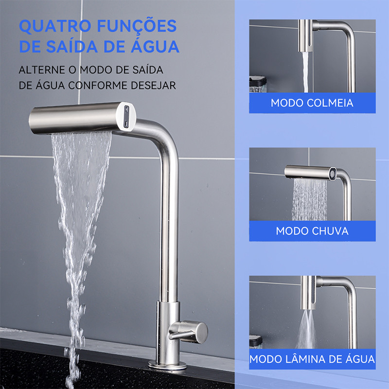 Torneira De Cozinha Água 4 modos Rotação de 360° Apenas água fria Aço inox 304 cor prata Escovado em Oferta na Shopee
