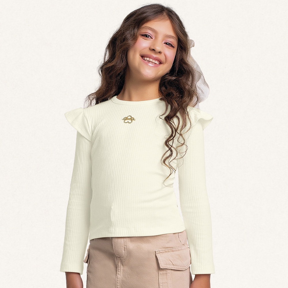 Blusa infantil manga longa com babado em ribana canelada Fakini