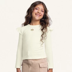 Blusa infantil manga longa com babado em ribana canelada Fakini