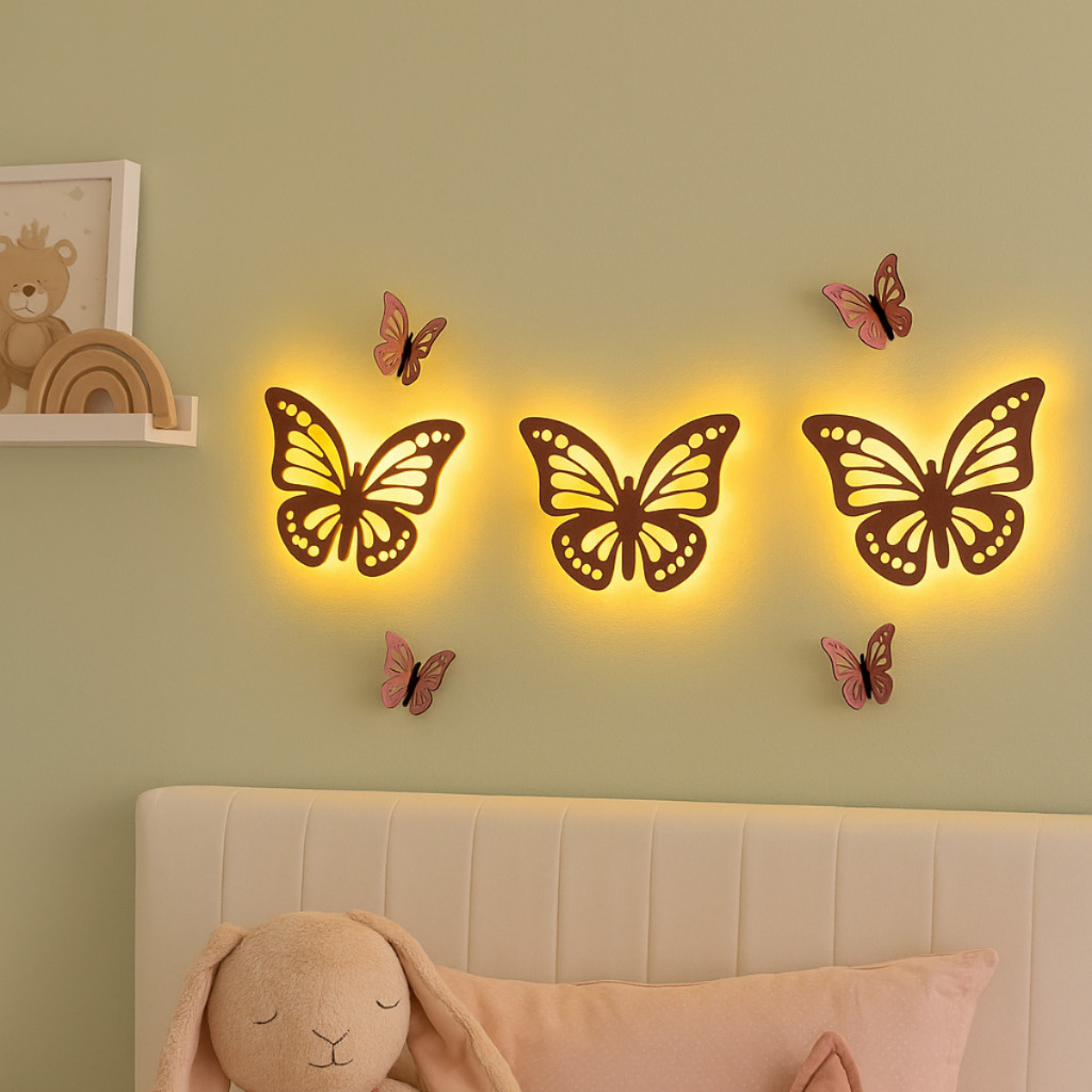 Luminária de Parede Borboleta com LED – Kit 7 Peças Decorativas em MDF para Quarto Infantil, Bebê em Oferta na Shopee