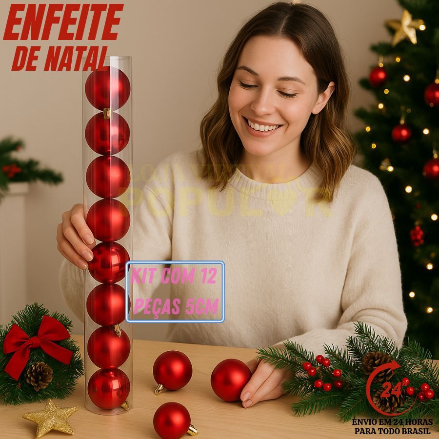 Kit 12 Bolas Enfeite De Árvore De Natal Bolinhas De Decoração Natalina 5cm Vermelha