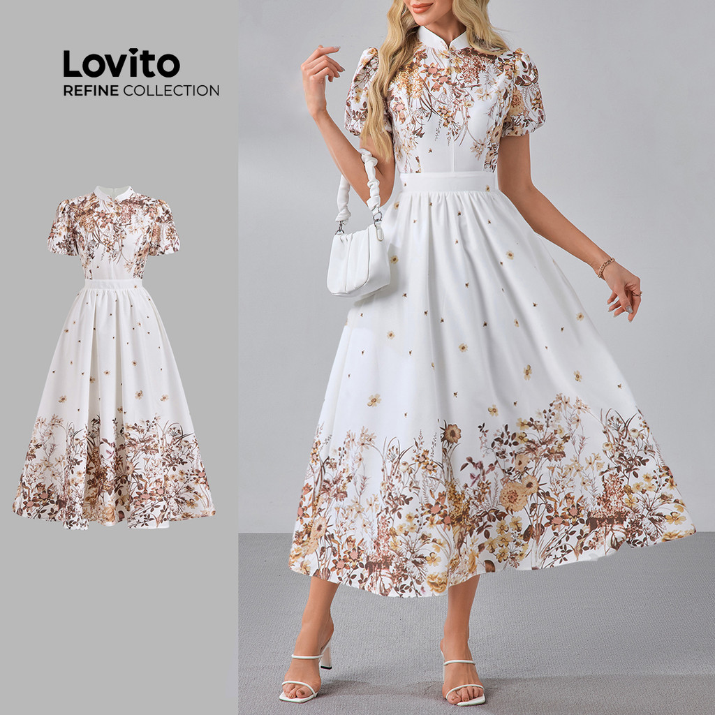 (Lovito Refine) Vestido Elegante com Flores  Vestido Primavera/verão para Mulheres LR13L009