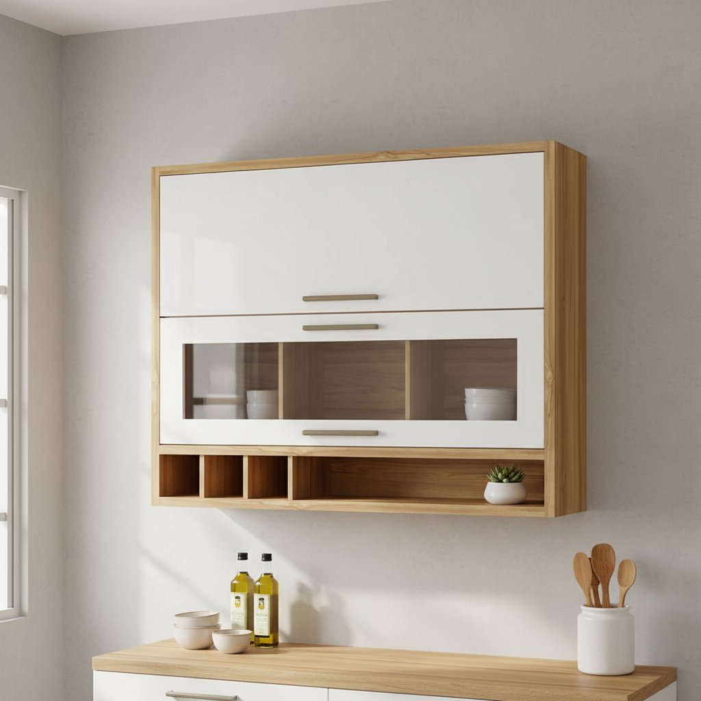 Armário Aéreo de Cozinha 120cm 2 Portas Basculantes Vidro Reflecta 100% MDF Vicenza Espresso Móveis Amêndoa/Branco em Oferta na Shopee