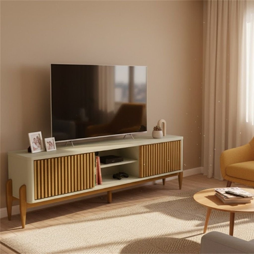 Rack Ripado para TV até 65 Polegadas MDF 180cm Pés em Madeira Maciça 2 Portas de Correr Sereno Bege Off White/Cedro