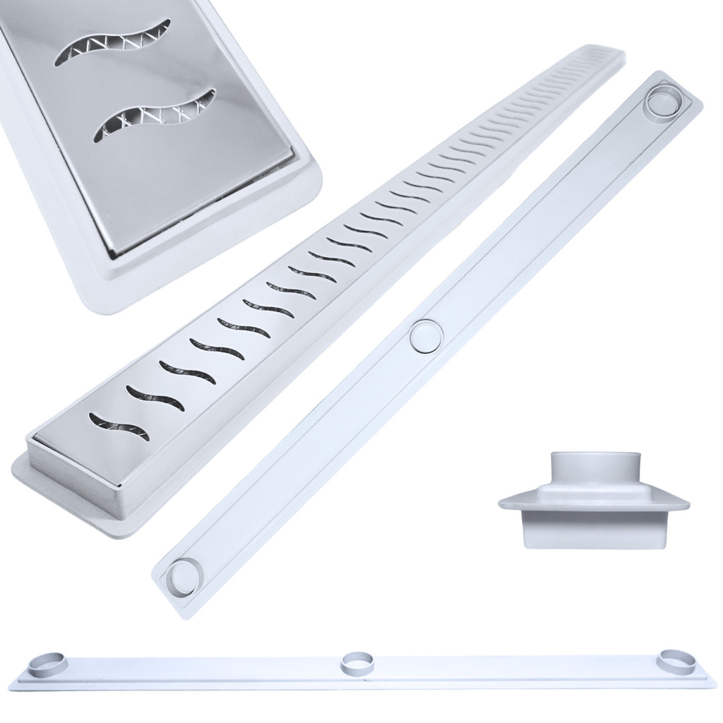 Ralo Baixo para Apartamento e Laje 90cm Inox Ondas SS Cocho Raso Branco com Tela
