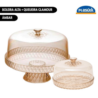 Kit Boleira Alta com Pé + Queijeira Glamour Acrílico Âmbar Plasútil em Oferta na Shopee