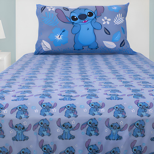 Jogo Lençol Solteiro Com Elástico Infantil Lilo Stitch Azul