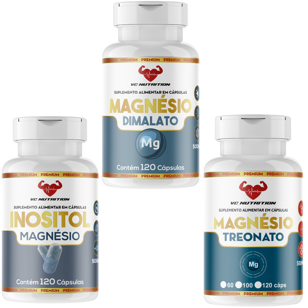 Magnésio: L-Treonato, Inositol e Dimalato | 120 cápsulas cada pote - Total 360cps