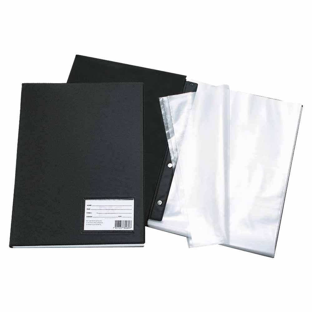Pasta Catálogo Oficio A4 Capa Dura Catálogo Preta Economic C/100 Envelopes Plásticos 24x33mm Com Visor