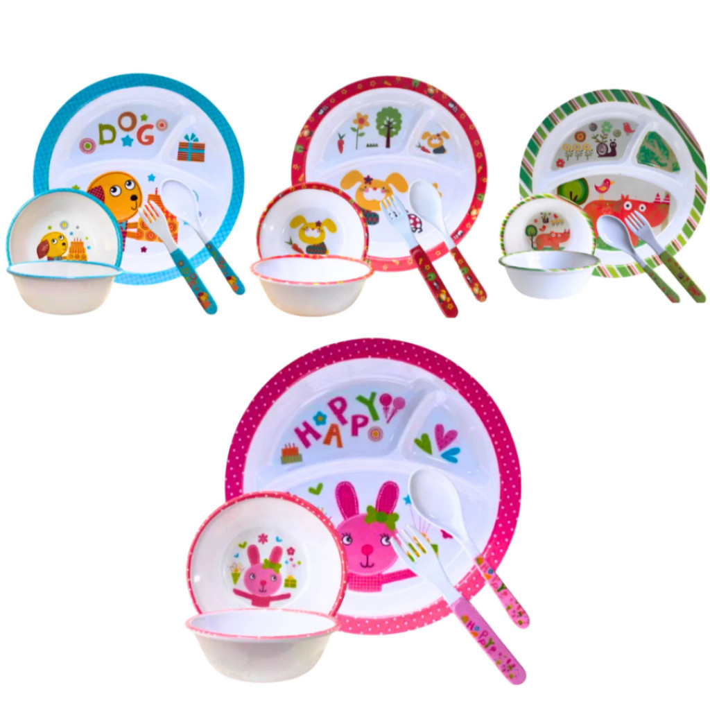 Kit Refeição Alimentação Infantil Papinha p/ Bebê Criança 4 Peças Prato c/ divisórias talheres