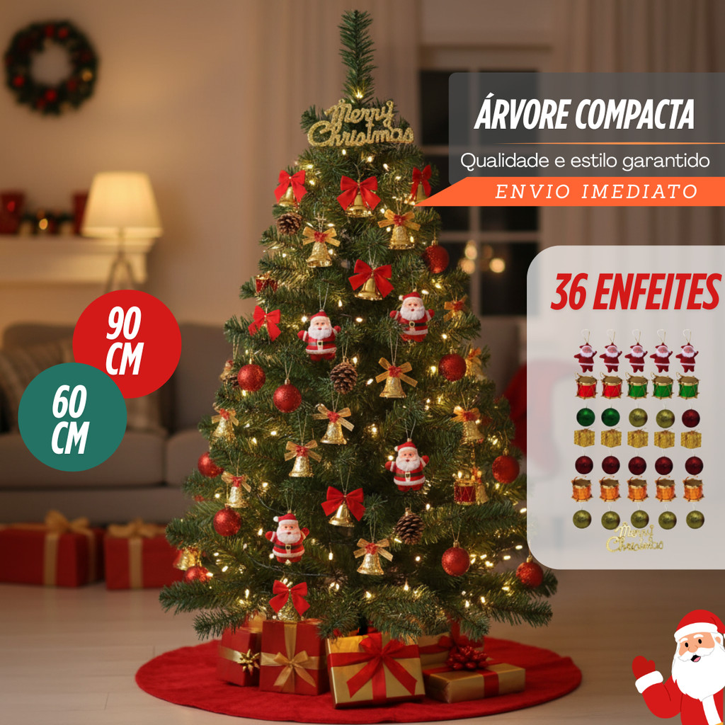 Árvore De Natal Pinheiro + 36 Enfeites Verde Altura 60cm/90 Galhos Decoração Natalina Pinheiro Premium