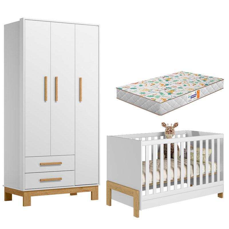 Berço Americano 4300 Mini Cama Fantasia e Guarda Roupa Infantil Q Encanto Slim 4340  Branco Acetinado com Colchão Gazin