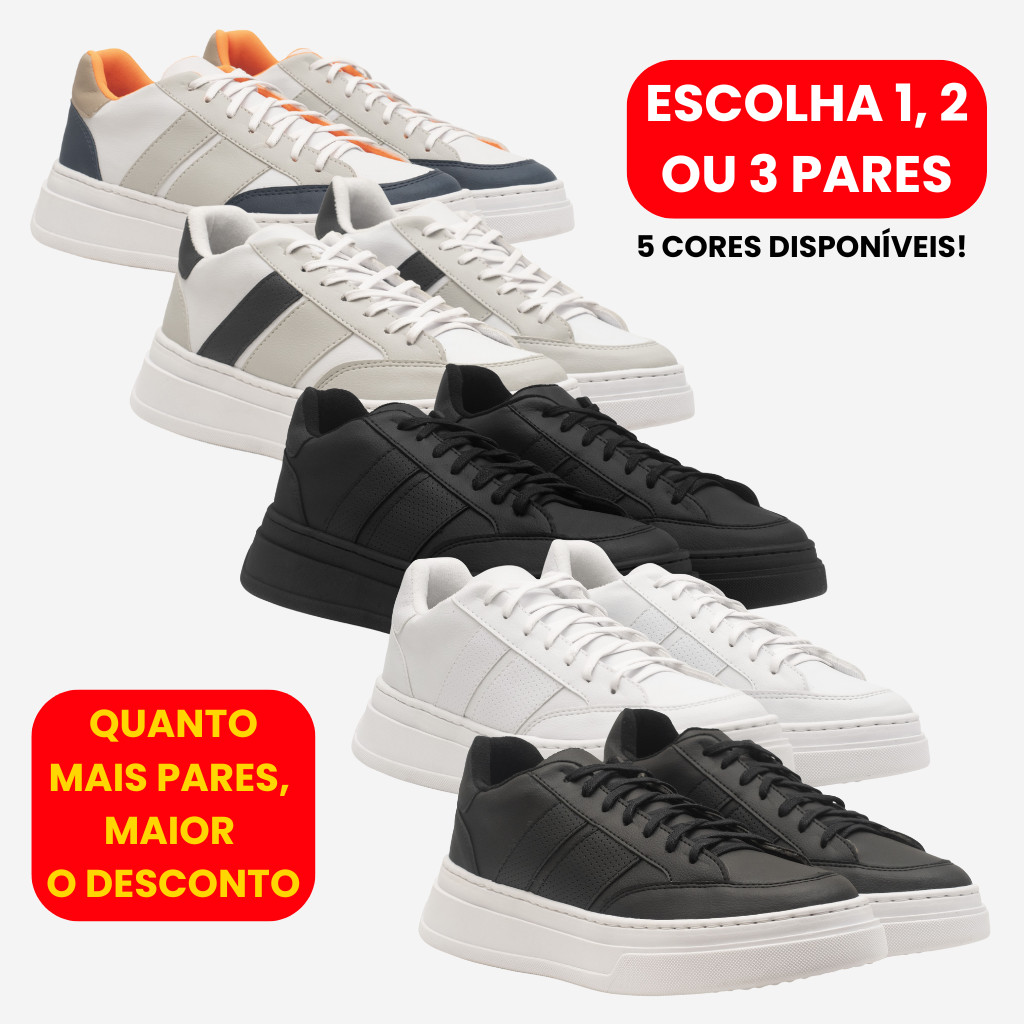Kit 2 Tênis Masculinos Confortáveis e Leves Couro Sintético Premium Estilo Street Casual Moderno