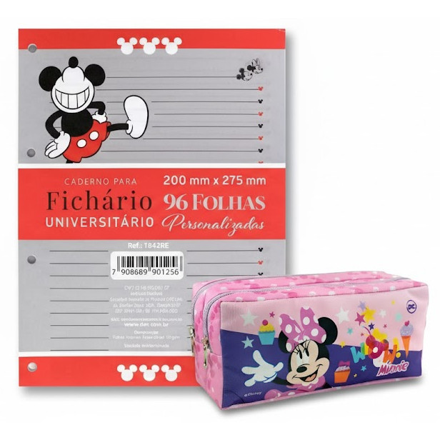 Refil Folhas de Fichário A4 Minnie e Mickey 96 Folhas Dac + Estojo Dac Duplo Minnie Mouse Rosa