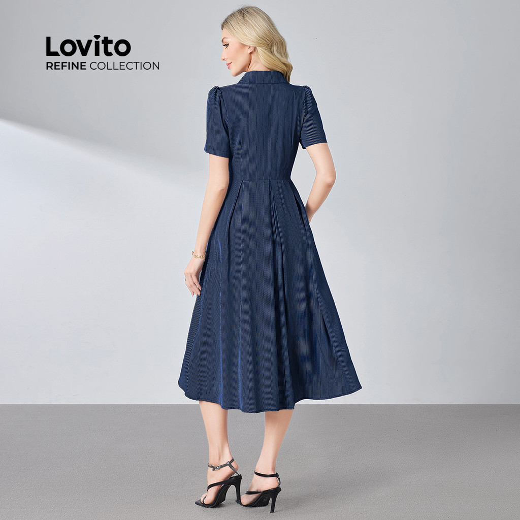 Detalhes do (lovito Refine) Vestido Elegante Evangélico Botões Frontais Zíper Azul Escuro Primavera/verão Para Mulheres LR23L066