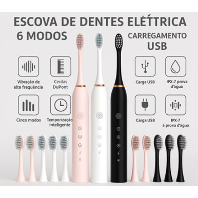 Escova de Dentes Elétrica IPX7 com 4 Cabeças de Reposição Inteligente à Prova D
