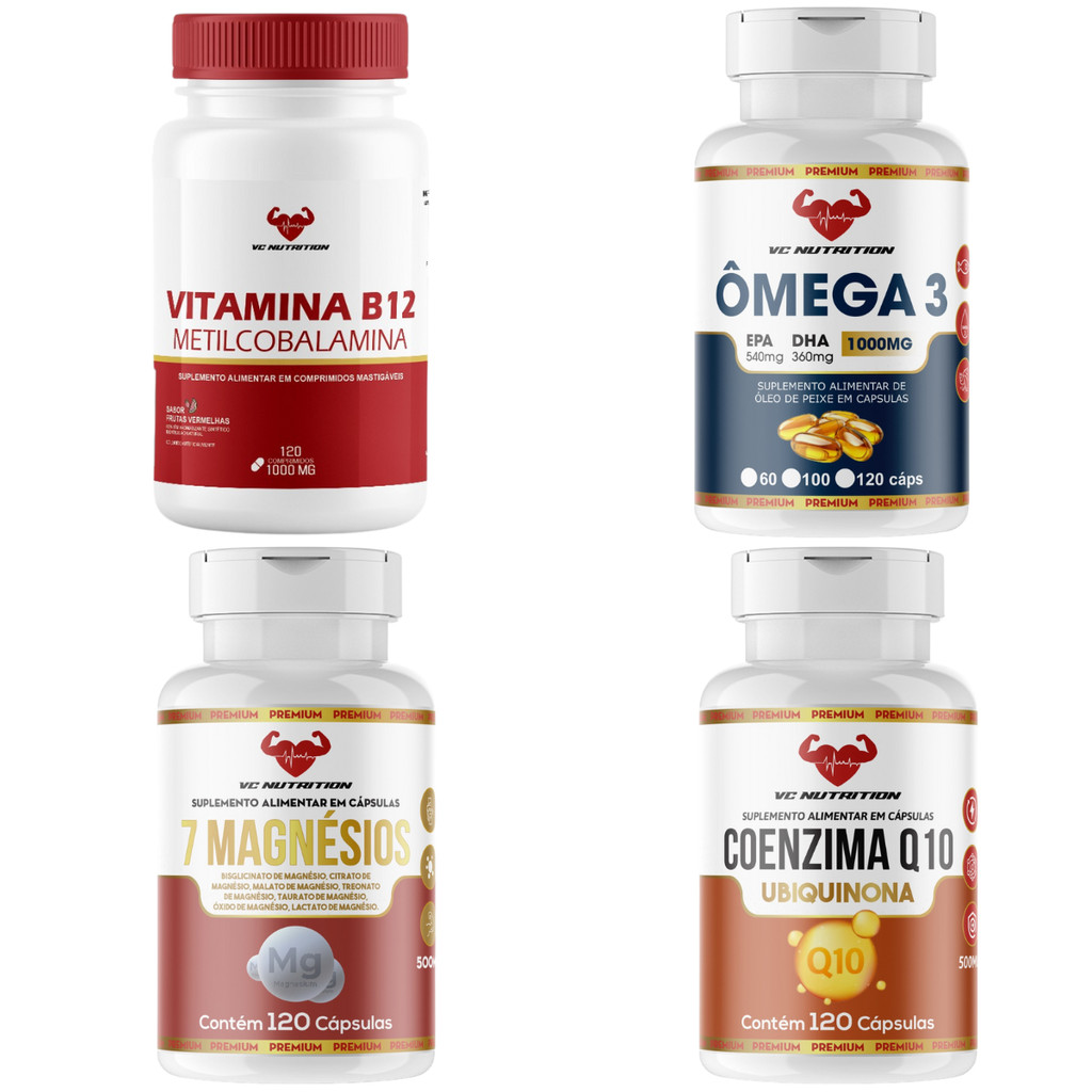 B12 Metilcobalamina 1000mg + CoQ10 + Ômega 3 epa 540mg dha 360mg 1000mg + 7 Magnésios 4x120 cáps, energia e disposição