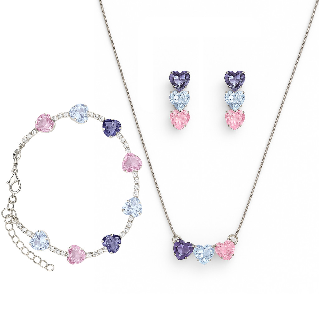 Conjunto Coração Colorido Feminino Colar Brinco Pulseira