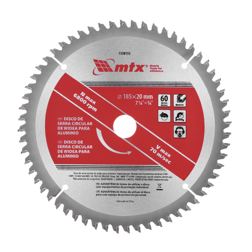 DISCO SERRA CIRCULAR PARA ALUMINIO, 185MM, 60 DENTES, C/ ANEL REDUTOR 16MM, 1PC // MTX em Oferta na Shopee