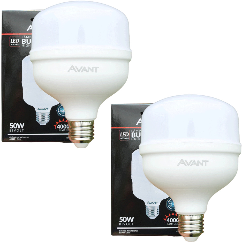 Kit 2 Lâmpadas LED Avant 50W High Power 4000lm Luz Branca 6500K Bivolt Base E27 Alta Iluminação em Oferta na Shopee