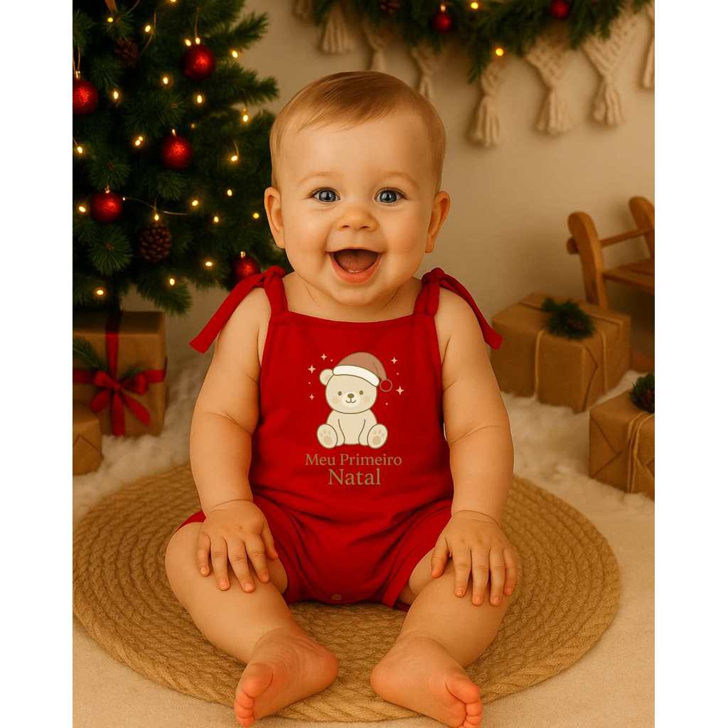 Macacão Jardineira Vermelha  Estampado Confortável Algodão Malha Meu Primeiro Natal